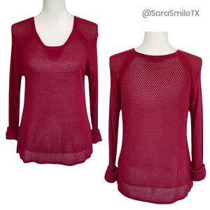 RAG & BONE - Katya - Cranberry Red Red Open Knit Net Long Sleeve Top